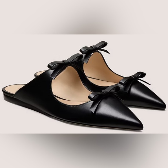 Stuart Weitzman Reese Flat Slide NIB Black Leather Mary-Jane Bows Pointy Toes 8